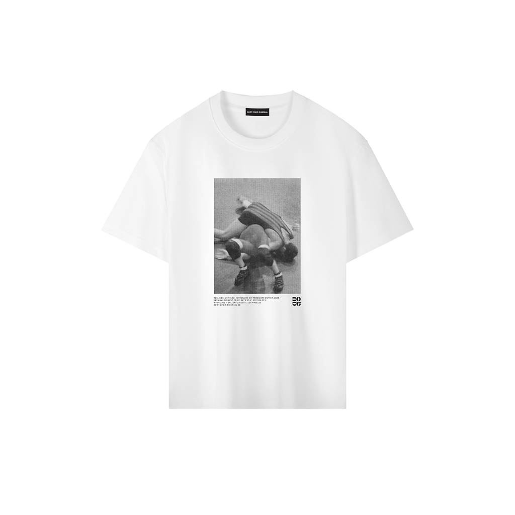 Ron Jude Wrestlers #3 print on a white heavyweight drop shoulder cotton t-shirt. High-detail halftone image of the Greco-Roman Gutwrench Suplex.