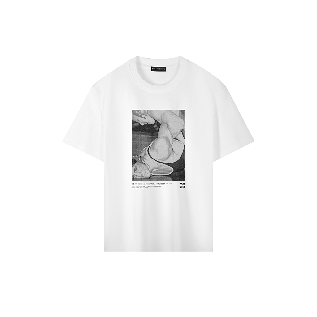 Ron Jude Wrestlers #07 print on a white heavyweight drop shoulder t-shirt. Minimalist white tee with a large central halftone graphic of wrestlers.