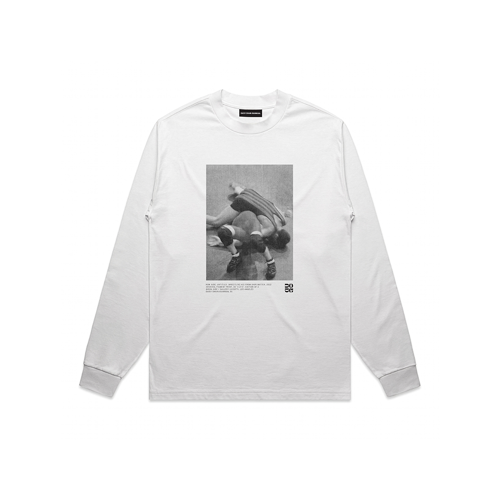 Ron Jude Wrestlers #03 halftone print on a white oversized unisex long sleeve t-shirt.