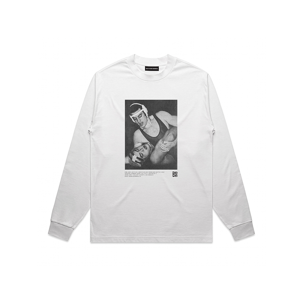 Ron Jude Wrestlers #5 archival halftone print featuring a nearside cradle on white oversized long sleeve t-shirt.